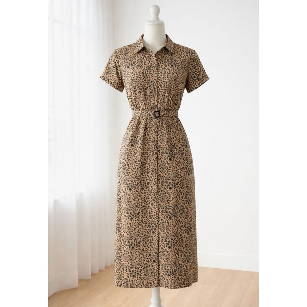 Robbie Bee Silk Animal Print Midi Shirt Dress Vintage 90s Y2K Leopard 10P Petite